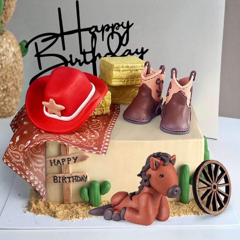 KEEPARTY Cowboy Cake Decorations Hat and Boot Horse Cake Toppers for Western Theme Cowboy Cowgirl Birthday Baby Shower Party Favors Supplies - Image 1